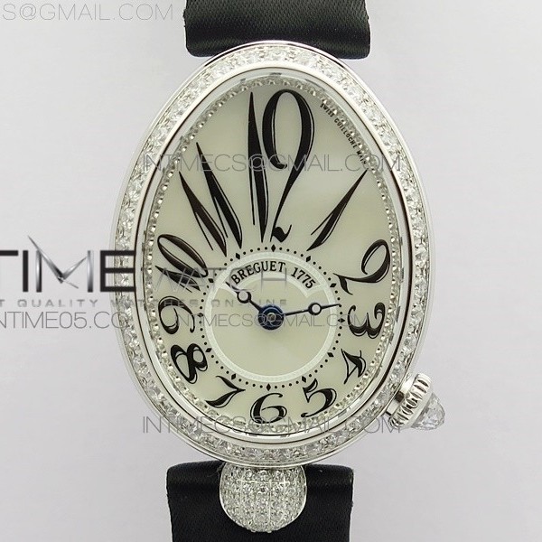 ZF공장 브레게 네이플 33MM 자개다이얼 패블릭스트랩 Reine de Naples 8928BB 33mm SS ZF 1:1 Best Edition White MOP Dial Numeral Markers Diamonds Bezel on Black Fabric Strap A537
