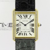 AF공장 까르띠에 탱크솔로 27 라지 다이아베젤 옐로우골드금장 화이트다이얼 가죽스트랩 TANK SOLO LADIES 27MM DIA BEZEL WHITE DIAL ON BLACK LEATHER STRAP RONDA QUARTZ