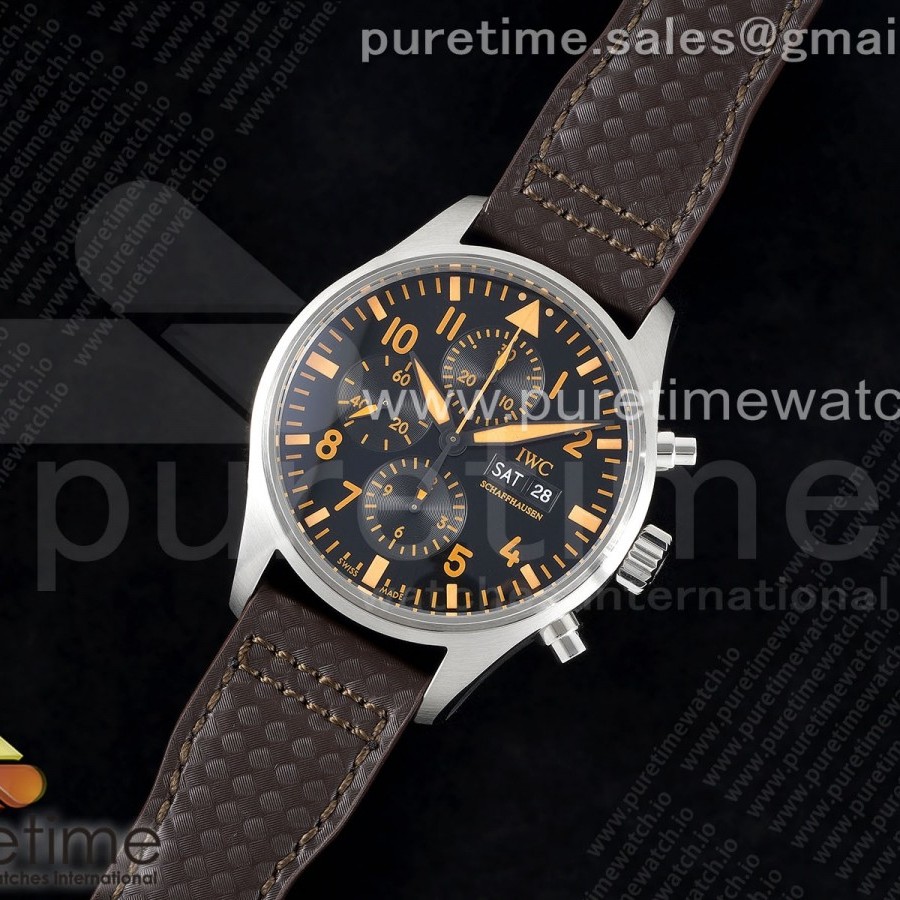 AZ공장 IWC 파일럿 크로노그래프 스틸 블랙다이얼 오렌지인덱스 빈티지핸즈 브라운가죽스트랩 Pilot Chrono SS AZF 1:1 Best Edition Black Dial Orange Markers on Brown Leather Strap A7750