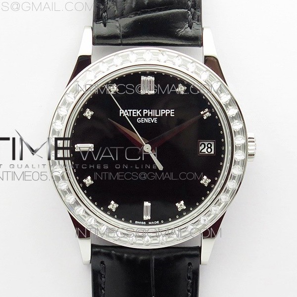 ZF공장 칼라트라바 블랙다이얼 가죽스트랩 Calatrava 5298P-012 SS T Crystal Bezel ZF 1:1 Best Edition Black Dial on Black Leather Strap A324CS