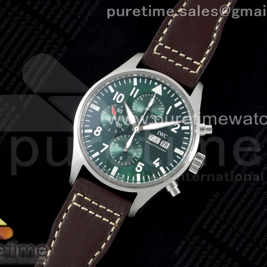 AZ공장 IWC 파일럿 크로노그래프 스틸 그린다이얼 브라운가죽스트랩 Pilot Chrono SS AZF 1:1 Best Edition Green Dial on Brown Leather Strap A7750