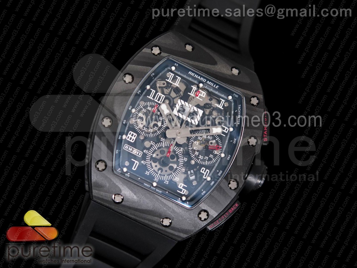 KV 리차드밀 RM011 NTPT 카본 크로노그래프 NTPT Carbon Case Chronograph  Crystal Skeleton Dial White on Black Rubber Strap A7750