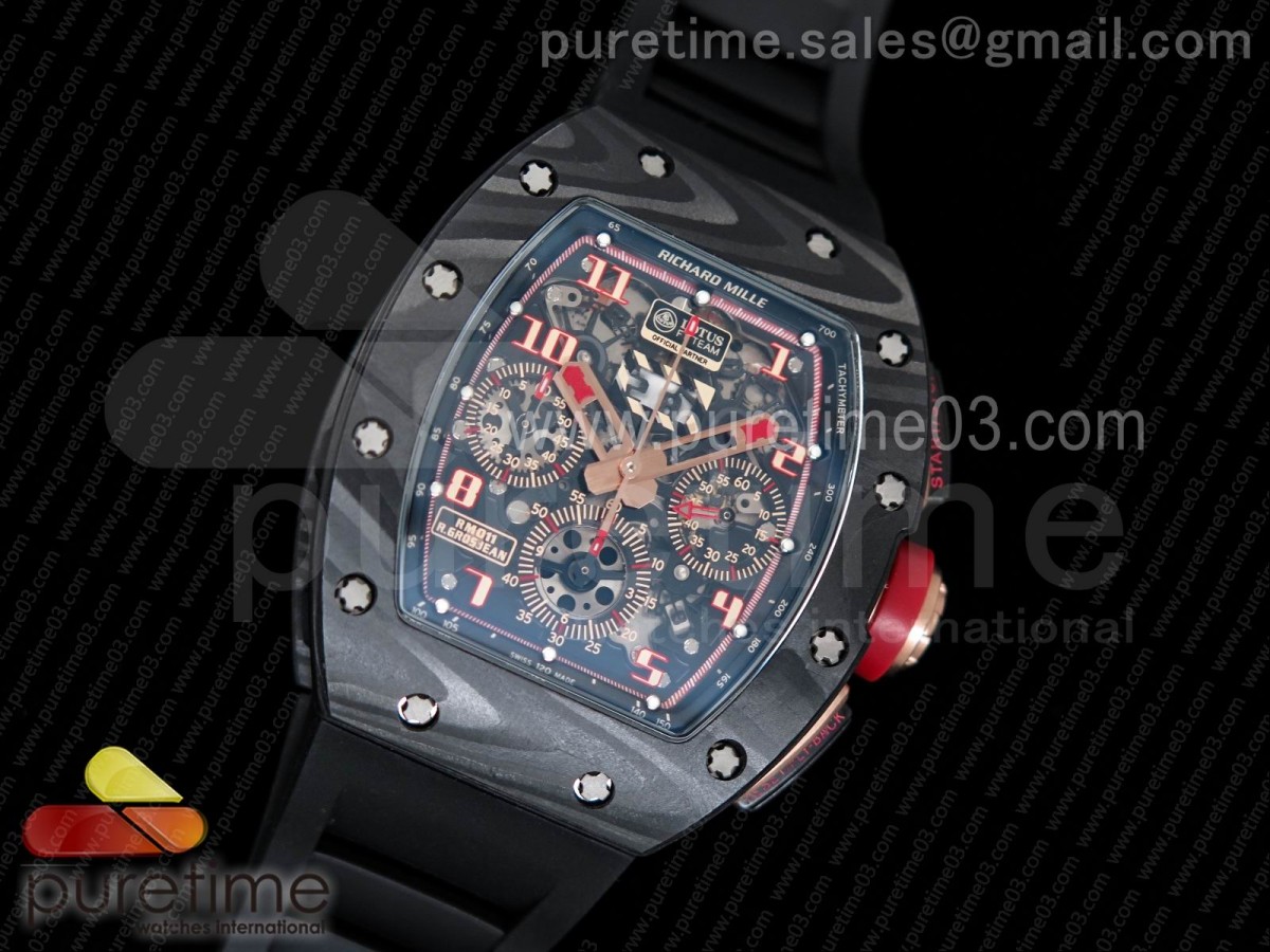 KV 리차드밀 RM011 NTPT 로투스F1팀 에디션 NTPT Lotus F1 Team Carbon Case Chronograph  Crystal Skeleton Dial Red on Black Rubber Strap A7750