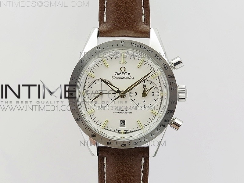 OM공장 오메가 스피드마스터57 스틸 화이트다이얼 옐로우골드인덱스 브라운가죽스트랩 SPEEDMASTER '57 CO-AXIAL  WHITE DIAL YG MARKERS ON BROWN LEATHER STRAP A9300 (FREE THE LEATHER STRAP)