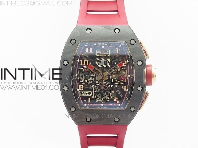 KU공장 리차드밀 RM011 카본 크로노그래프 로즈골드콤비 러버스트랩 RM011 RG CASE CHRONOGRAPH CARBON BEZEL SKELETON DIAL ON RED RUBBER STRAP A7750 KV공장