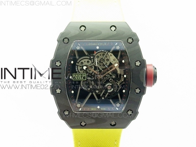 KV V2 리차드밀 RM035-01 카본 레드크라운 옐로우나일론스트랩 RM035-01 FORGED CARBON CASE V2 SKELETON DIAL RED CROWN ON YELLOW NYLON STRAP MIYOTA8215