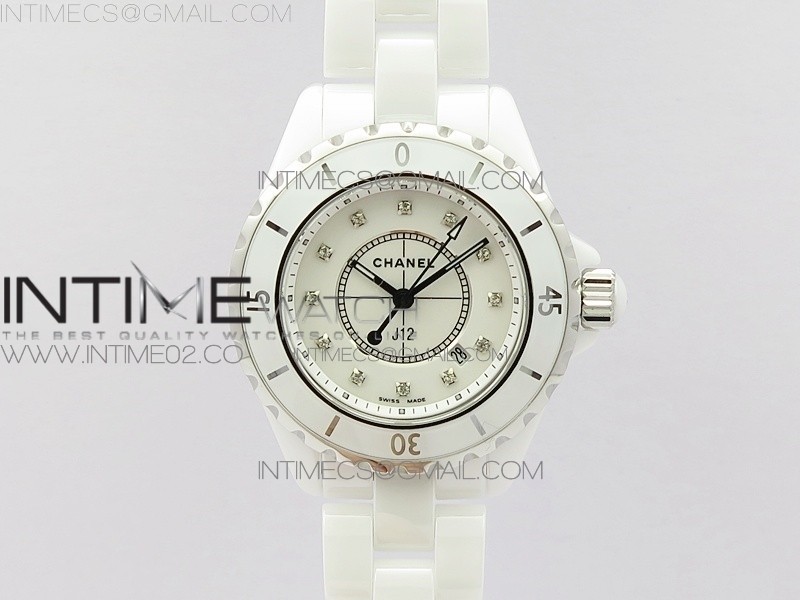 HT공장 샤넬 J12 화이트세라믹 12포인트다이얼 33mm 여성용 세라믹브레이슬릿 솔리드백 J12 33MM WHITE KOREA CERAMIC WHITE DIAL DIAMOND MARKERS ON BRACELET SWISS QUARTZ KOR EAST공장