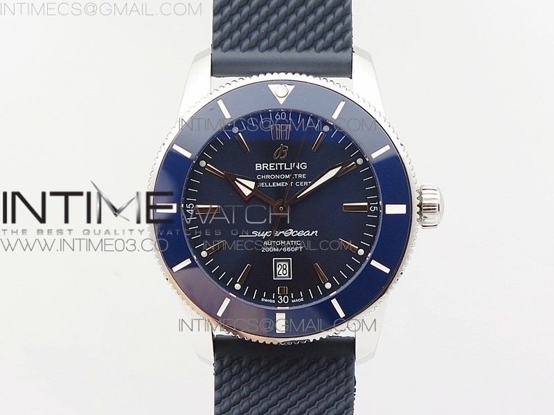 브라이틀링 슈퍼오션 헤리티지 스틸 블루다이얼 블루세라믹베젤 러버밴드 SUPER OCEAN HERITAGE BLUE CERAMIC BEZEL SS BLUE DIAL ON RUBBER STRAP A2824