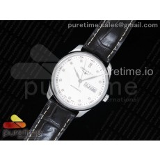 LG공장 론진 마스터 데이데이트 스틸 화이트다이아몬드다이얼 가죽스트랩  Master Day Date SS White Textured Dial Diamonds Markers on Black Leather Strap A2824