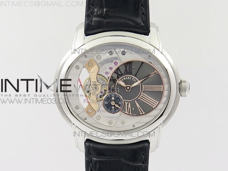 v9공장 오데마피게 밀레너리 스틸 스켈레톤다이얼 가죽스트랩 MILLENNIUM SERIES 15350 SS SKELETONAL DIAL II ON BLACK LEATHER STRAP A4101