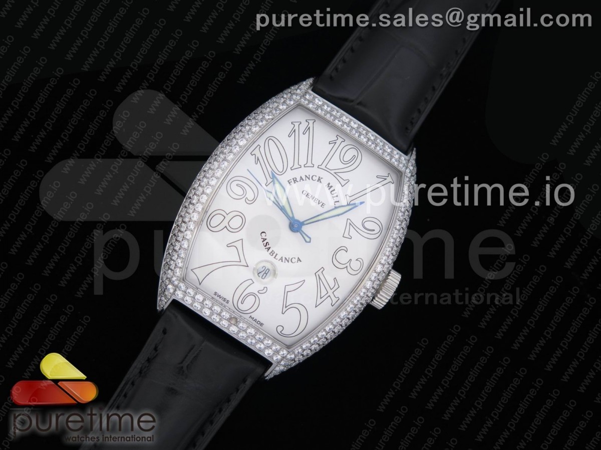 프랭크뮬러 카사블랑카 스틸 풀다이아몬드 화이트다이얼 블랙가죽스트랩 Casablanca SS Full Paved Diamonds White Dial on Black Leather Strap MIYOTA 8215