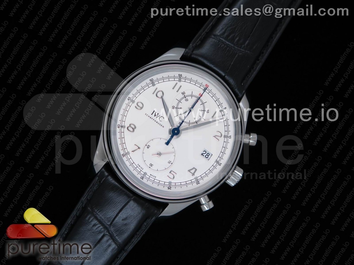 ZF공장 IWC 포르투기저 크로노 클래식42 스틸 화이트다이얼 가죽스트랩 Portugieser Chrono Classic 42 IW390403 White Dial Blue Hand on Black Leather Strap A7750