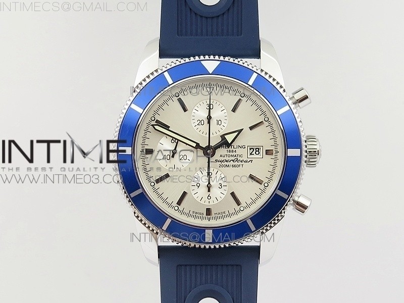 OM공장 브라이틀링 슈퍼오션 46 스틸 화이트다이얼 블루베젤 러버스트랩 SUPEROCEAN A13312 46MM SS BLUE BEZEL WHITE DIAL ON BLUE RUBBER STRAP A7750(FREE RUBBER STRAP)