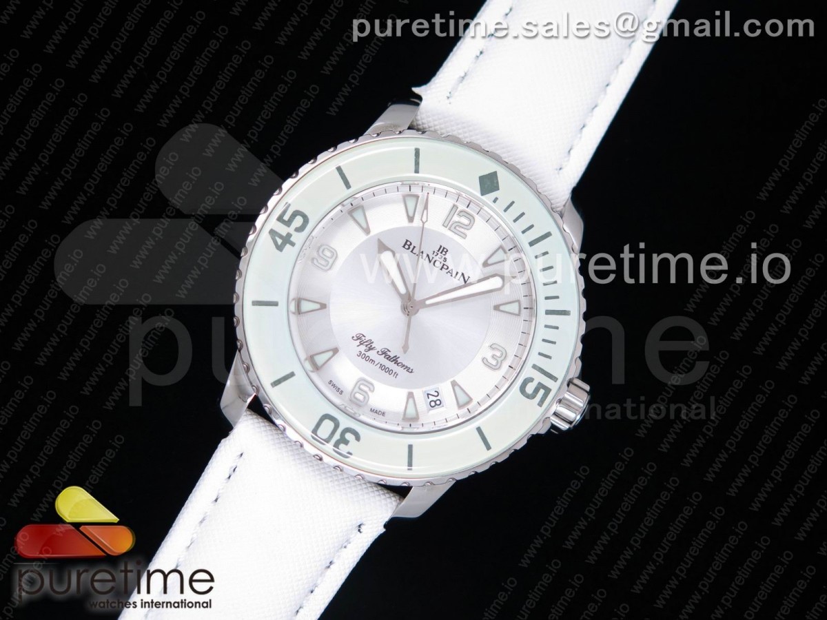 WT공장 블랑팡 피프티패덤즈 화이트앤그레이 화이트다이얼 화이트캔버스스트랩 Fifty Fathoms White/Gray  White Dial on White Sail-canvas Strap A1315