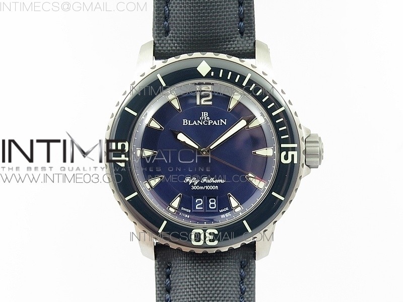 HG공장 블랑팡 피프티패덤즈 티타늄 빅데이트 블루블루다이얼 캔버스스트랩 FIFTY FATHOMS TITANIUM BIG DATE BLUE BLUE DIAL ON SAIL-CANVAS STRAP A6918B (FREE TOOL AND NYLON STRAP)