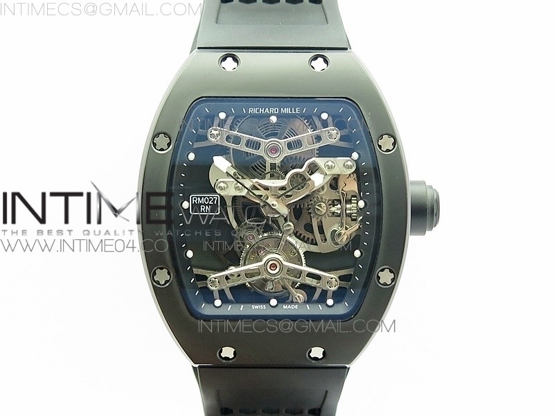 EUR공장 리차드밀 RM027 티타늄DLC코팅 리얼투어빌론 러버스트랩 RM027 TITANIUM DLC REAL TOURBILLON SKELETON SKULL DIAL ON BLACK RUBBER STRAP