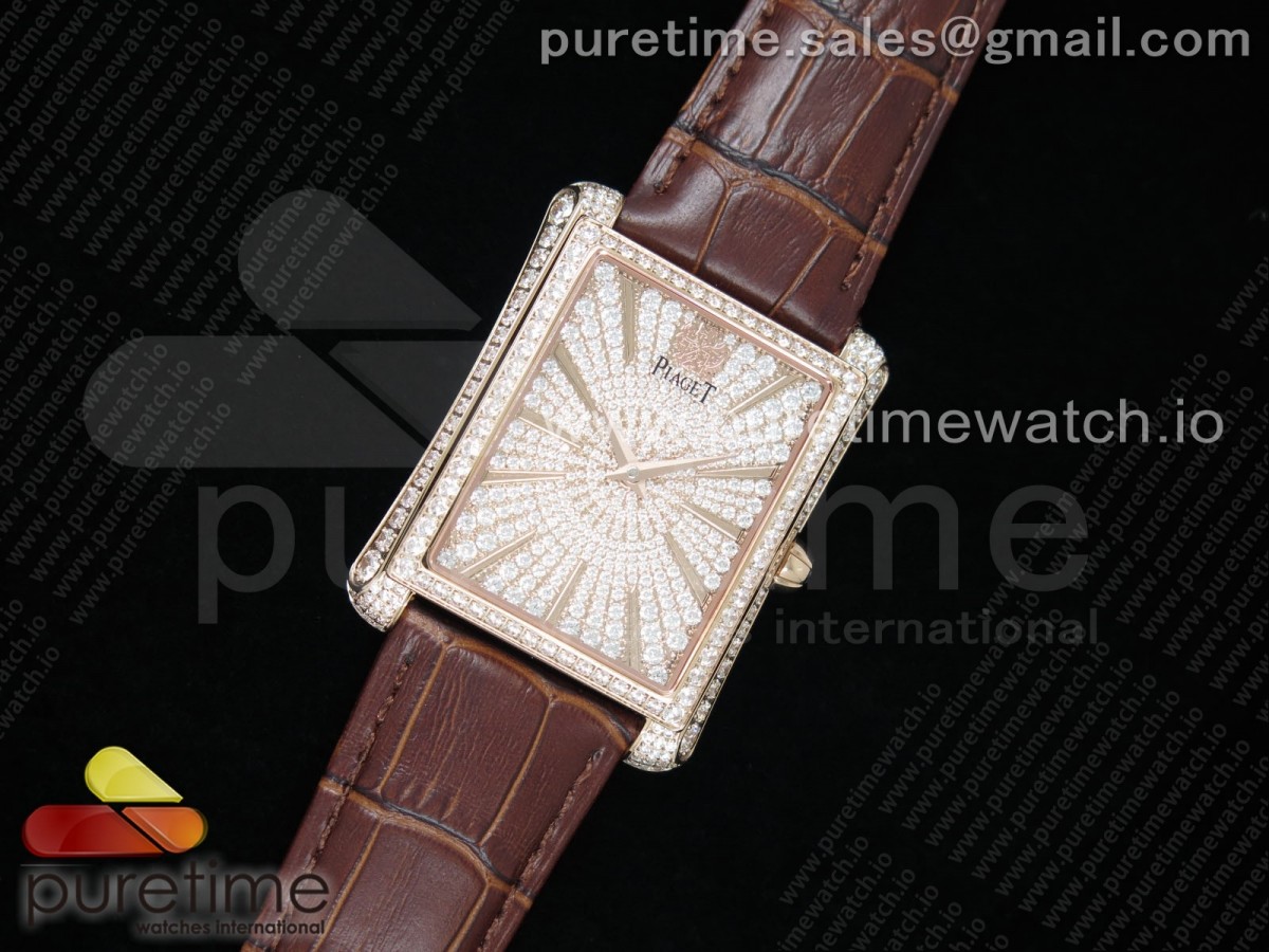 OX공장 피아제 엠퍼라도 로즈골드 금통 풀다이아몬드 파베 가죽스트랩 Piaget Emperador Diamonds Watch RG on Brown Leather Strap MIYOTA 9015