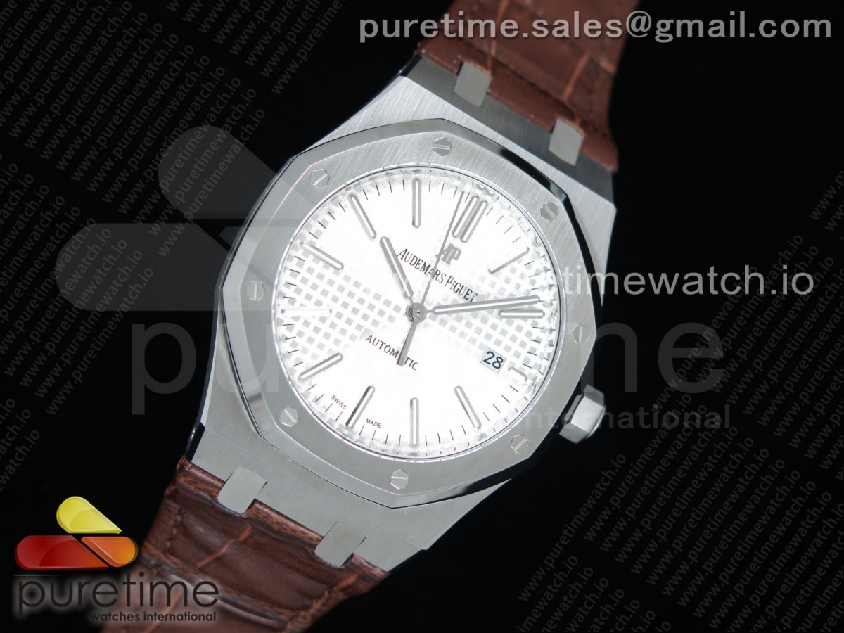 OM공장 오데마피게 로얄오크 15400 화이트다이얼 가죽스트랩 Royal Oak 41mm 15400 SS White Textured Dial on Brown Leather Strap A3120