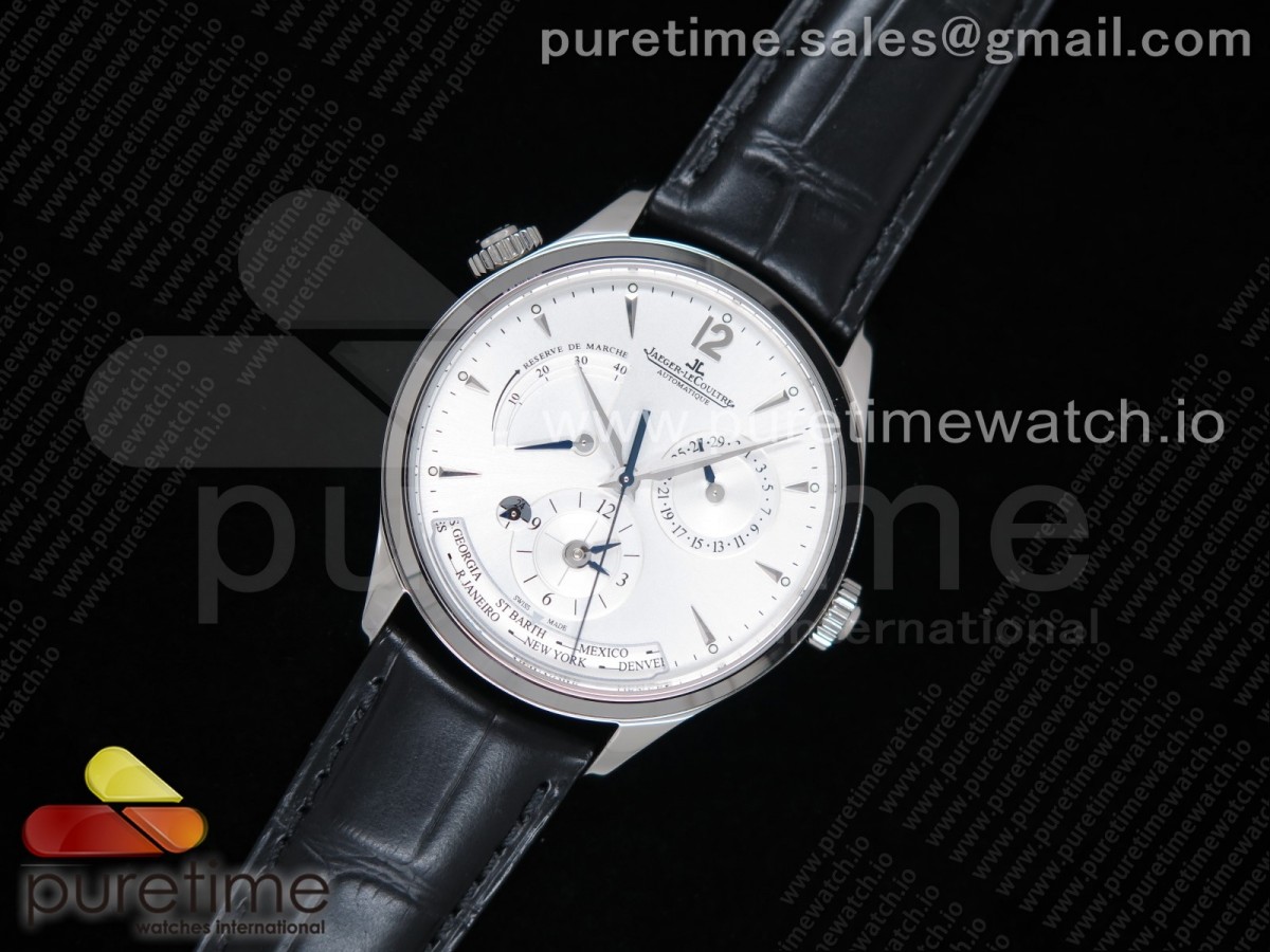 ZF공장 예거르쿨트르 마스터 지오그래픽 화이트다이얼 가죽스트랩 Master Geographic Real PR SS White Dial on Black Leather Strap A939