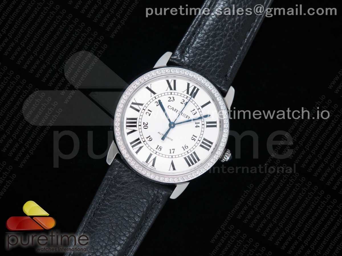 TW공장 까르띠에 롱드솔로 36MM 스틸 화이트다이얼 가죽스트랩 Ronde Solo De Cartier 36mm SS White Dial Diamonds Bezel on Black Leather Strap ETA2671