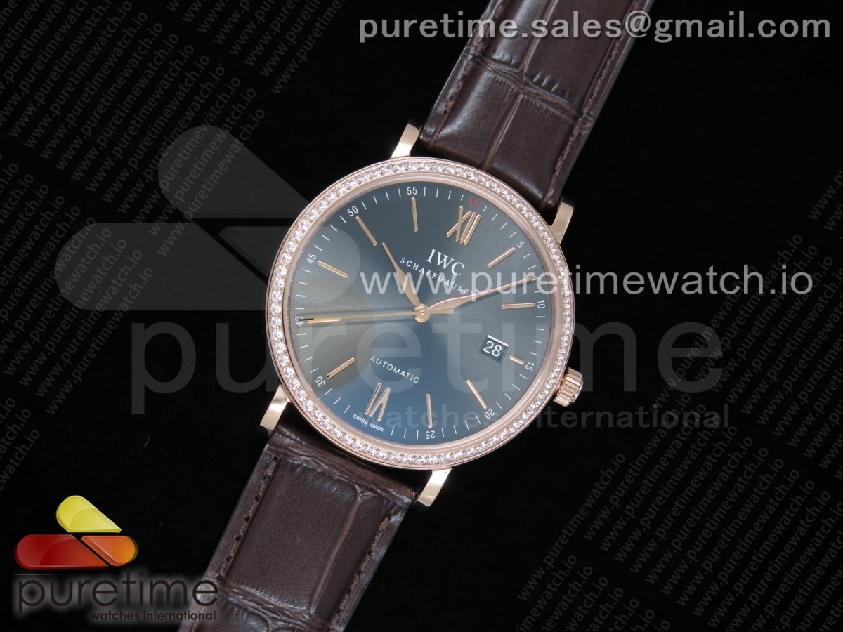 V7공장 IWC 포르토피노 로즈골드 금통 그레이다이얼 악어스트랩 Portofino Automatic RG Diamonds Bezel Gray Dial SS Markers on Brown Croco Strap ETA2892