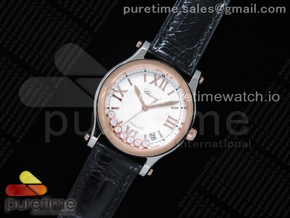 ZF공장 쇼파드 해피스포츠 로골콤비 화이트다이얼 가죽스트랩 Happy Sport Automatic SS/RG 36mm White Dial on Black Leather Strap A2892