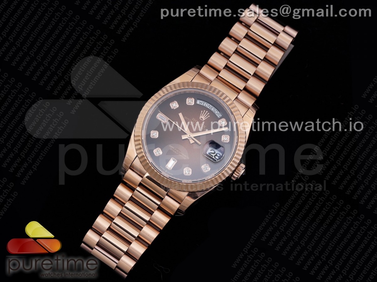 EW공장 데이데이트 36MM 로골 브라운다이얼 브레이슬릿 Day-Date 36 RG 128235 Brown Gradient Dial Crystal Markers on President Bracelet A3255