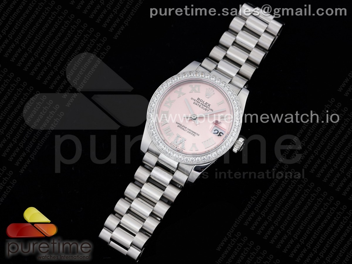 GM공장 롤렉스 데이저스트 31 핑크다이얼 브레이슬릿 DateJust 31 Ladies 278289 GMF 316L Steel Diamonds Bezel Pink Dial Roman Markers on President Syle Bracelet