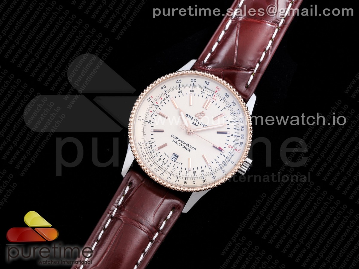 XB공장 브라이틀링 내비타이머 화이트다이얼 악어가죽스트랩 Navitimer 1 SS 41mm RG Bezel White Dial on Brown Croco Strap A2824