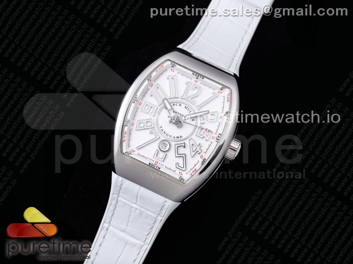 ZF공장 프랭크뮬러 뱅가드 화이트다이얼 거미스트랩 Vanguard V45 SS ZF Best Edition White Textured Dial on White Rubber Strap MIYOTA 9015