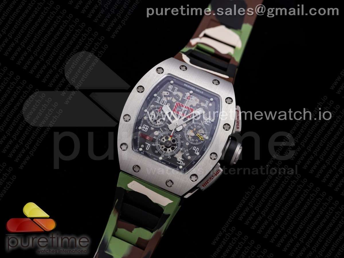 KU공장 V3 RM011 크리스탈다이얼 러버 RM011 SS Chrono Best Edition Crystal Dial Black on Green Camo Rubber Strap A7750 V3