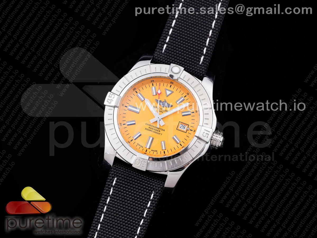 OX공장 브라이틀링 어벤져 옐로우다이얼 나일론스트랩 Avenger Automatic SS OXF Best Edition Yellow Dial on Black Nylon Strap A2824