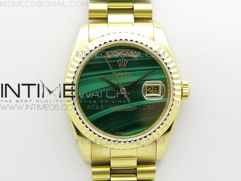 ED공장 롤렉스 데이저스트 36 옐로우골드금통 그린다이얼 Day date 432118 36mm YG EDF Best Edition Green Malachite Dial on SS President Bracelet A2836