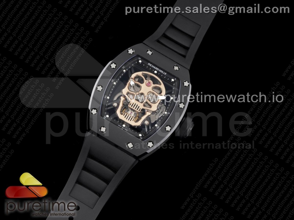 JB공장 RM052 세라믹 뚜르비용 러버 블랙버클 RM052 Skull Sandblasted Black Ceramic Real Tourbillon JBF 1:1 Best Edition RG Skull Dial on Black Rubber Strap