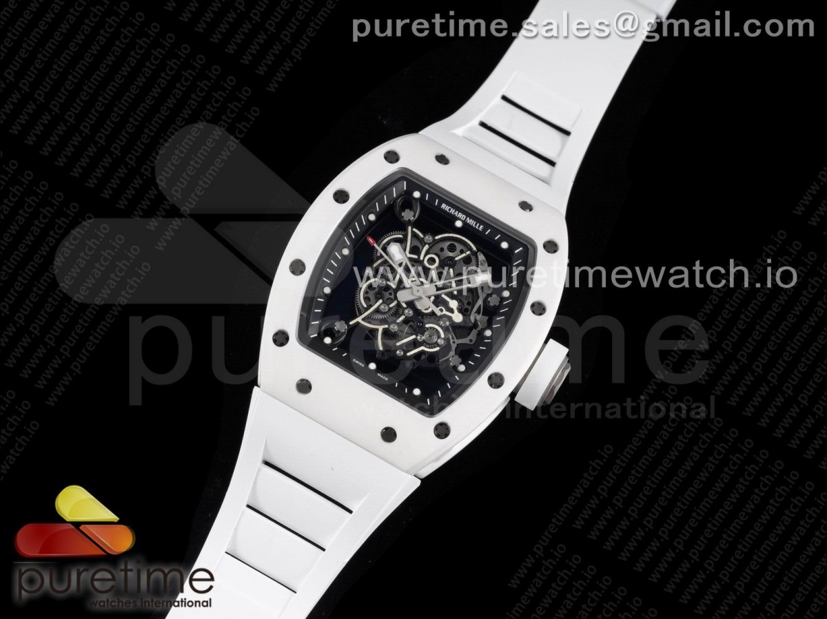 ZF공장 RM055 세라믹 스켈레톤다이얼 러버 RM055 Ti White Ceramic ZF 1:1 Best Edition Skeleton Dial on White Rubber Strap NH05A