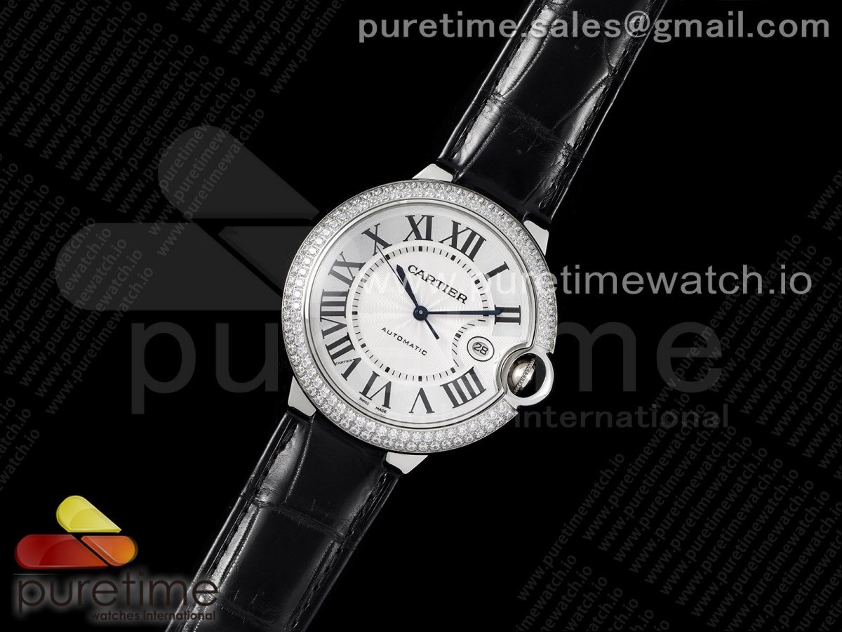 AF공장 발롱42미리 화이트다이얼 악어스트랩 2824 Ballon Bleu 42mm SS AF 1:1 Best Edition White Textured Dial Diamonds Bezel on Black Leather Strap A2824