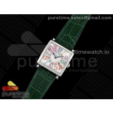 ZF공장 프랭크뮬러 마스터스퀘어 화이트다이얼 가죽스트랩 Master Square SS Ladies ZF 1:1 Best Edition White Colorful Arabic Dial on Green Leather Strap Ronda Quartz