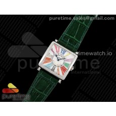 ZF공장 프랭크뮬러 마스터스퀘어 화이트다이얼 가죽스트랩 Master Square SS Ladies ZF 1:1 Best Edition White Colorful Roman Dial on Green Leather Strap Ronda Quartz