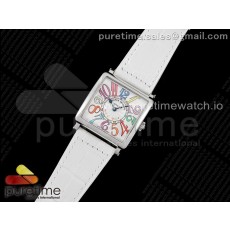 ZF공장 프랭크뮬러 마스터스퀘어 화이트다이얼 가죽스트랩 Master Square SS Ladies ZF 1:1 Best Edition White Colorful Arabic Dial on White Leather Strap Ronda Quartz