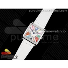 ZF공장 프랭크뮬러 마스터스퀘어 화이트다이얼 가죽스트랩 Master Square SS Ladies ZF 1:1 Best Edition White Colorful Roman Dial on White Leather Strap Ronda Quartz