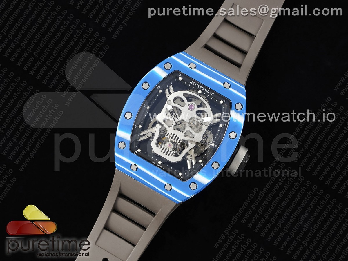 3K공장 리차드밀 RM052 NTPT블루카본케이스 스컬다이얼 러버스트랩 RM052 Skull Blue NTPT Real Tourbillon 3KF 1:1 Best Edition Skull Dial on Gray Rubber Strap