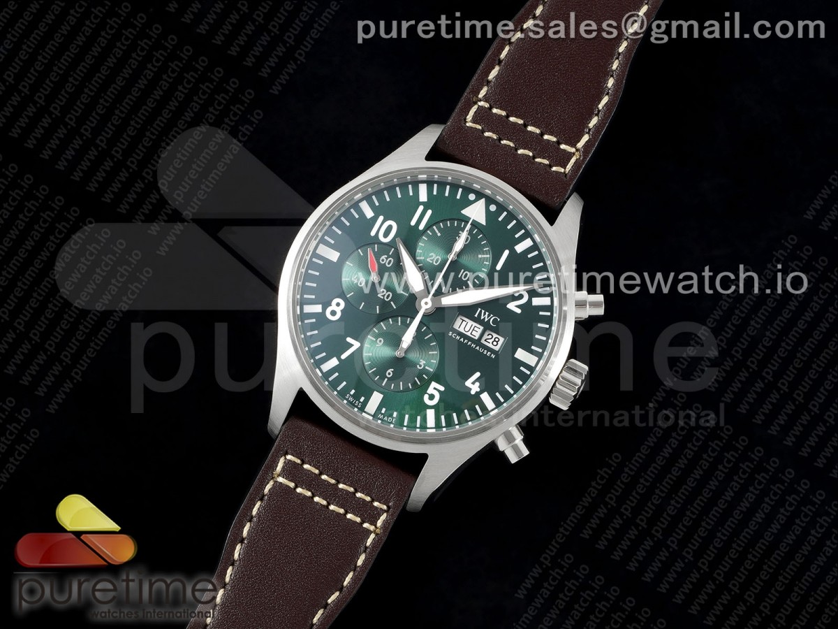 AZ공장 IWC 파일럿 크로노그래프 스틸 그린다이얼 브라운가죽스트랩 Pilot Chrono SS AZF 1:1 Best Edition Green Dial on Brown Leather Strap A7750