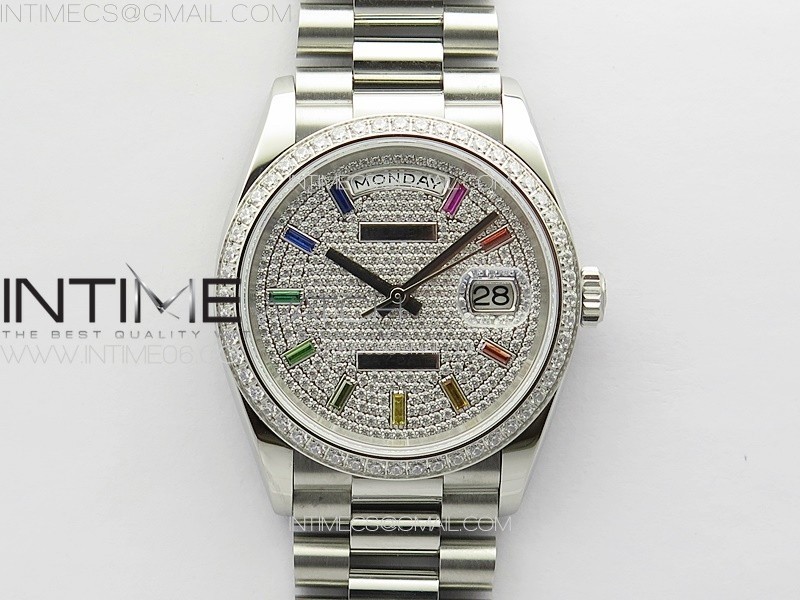 RA공장 롤렉스 데이데이트 36 다이아몬드다이얼 다이아몬드베젤 프레지던트브레이슬릿 Daydate 128238 36mm Crystals Bezel SS RAF Best Edition Color Diamonds Dial on SS President Bracelet A2836