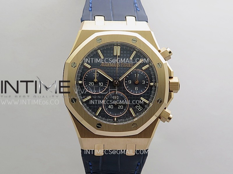 [26.01 UP] DD공장 오데마피게 로얄오크 크로노그래프 26240 로즈골드금통 블루다이얼 가죽스트랩 텅스텐 Royal Oak Chrono 26240 RG Gain Weight V2 DDF 1:1 Best Edition Blue Dial On Blue Leather Strap Super Clone DD4401 (SW Dial)